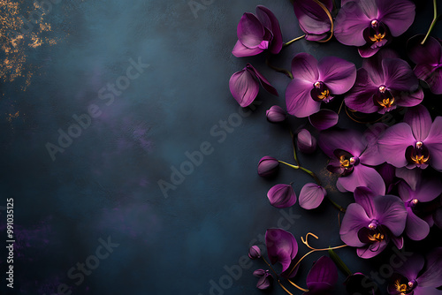 Glamorous background with orchids in deep, rich hues and a subtle gold accent