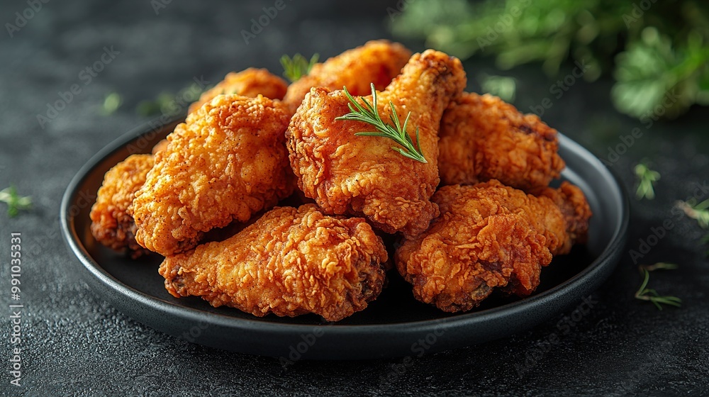 Overhead shot of crispy golden fried chicken on a black plate. Overhead shot of crispy golden fried chicken on a black plate.