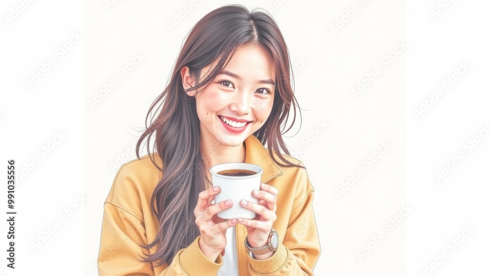 Asian woman standing with paper cup for takeaway coffee drinks or tea on white background. Place for text Asian woman standing with paper cup for takeaway coffee drinks or tea on white background. Place for text