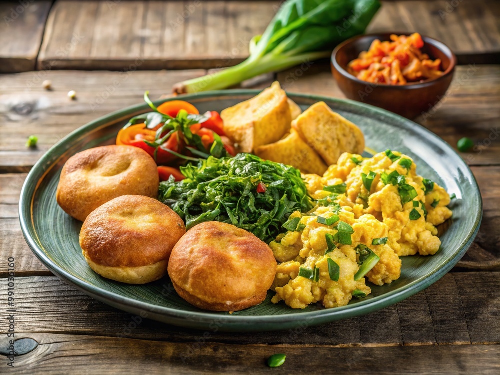 Vibrant plate of traditional Jamaican breakfast fare featuring ackee fruit, callaloo, yams, and fried dumplings, garnished with fresh herbs and served on a rustic wooden table. Vibrant plate of traditional Jamaican breakfast fare featuring ackee fruit, callaloo, yams, and fried dumplings, garnished with fresh herbs and served on a rustic wooden table.
