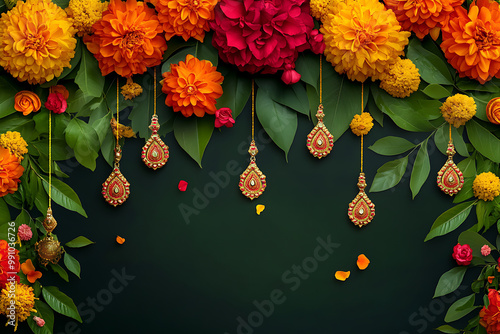 Traditional Diwali background with bright marigold flowers and decorative torans