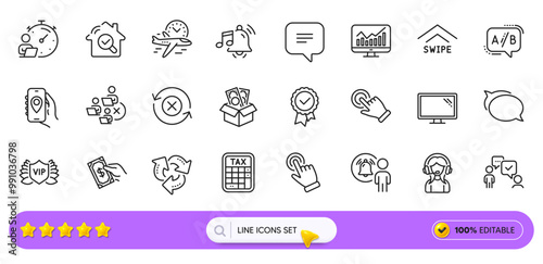 Text message, Remove team and Bribe line icons for web app. Pack of Monitor, Location app, Timer pictogram icons. Tax calculator, Recycle, Pay money signs. Statistics, Reject refresh, Cursor. Vector