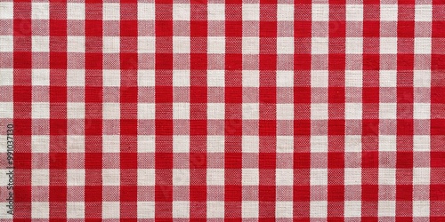 Vibrant red and white gingham pattern fills the frame, featuring small checks on a classic cotton fabric, evoking a sense of rustic charm and warm nostalgia.