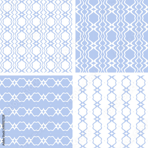 Set of Seamless Wavy Lines Patterns. Light Blue and White Textures Collection. 