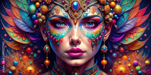 Vibrant, stylized digital artwork showcases an ornate, bejeweled face with bold, colorful makeup and intricate, swirling patterns, blending fantasy and beauty in a mesmerizing visual feast.