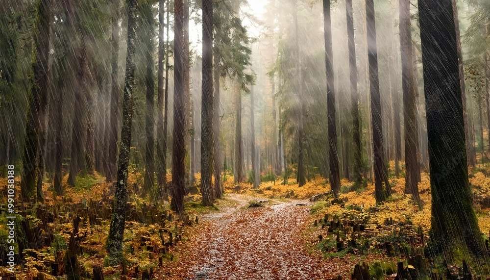 Fototapeta premium Rain in autumn forrest