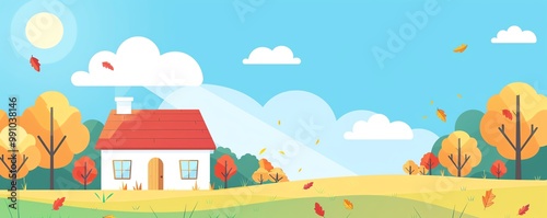 Sunny day, with a bright and happy atmosphere, flat design illustration