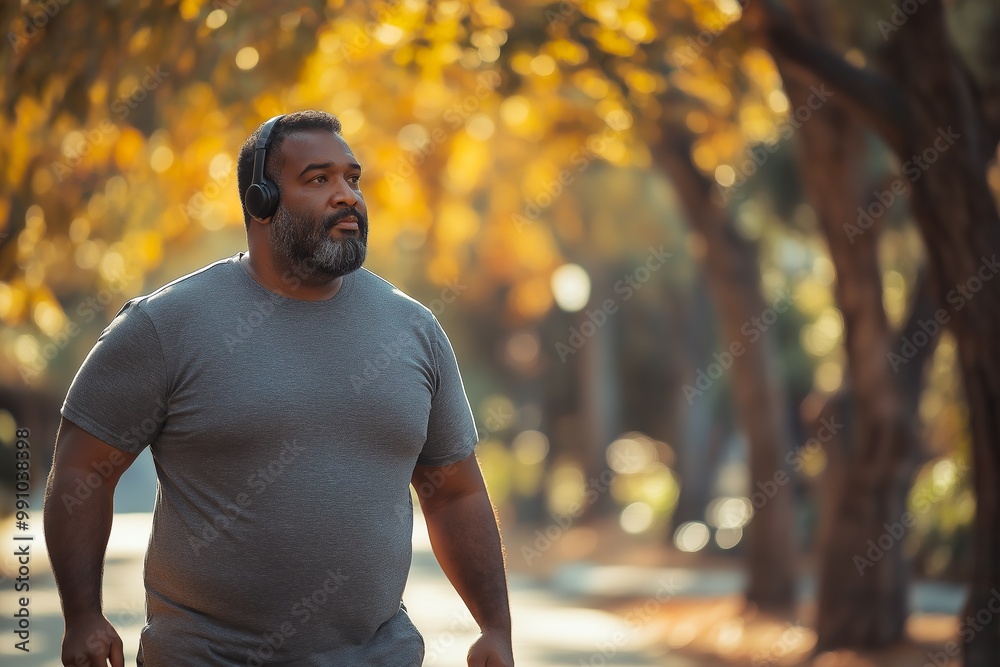 Man enjoying a peaceful walk in a sunlit park during autumn, wearing headphones and appreciating nature\'s beauty Man enjoying a peaceful walk in a sunlit park during autumn, wearing headphones and appreciating nature\'s beauty