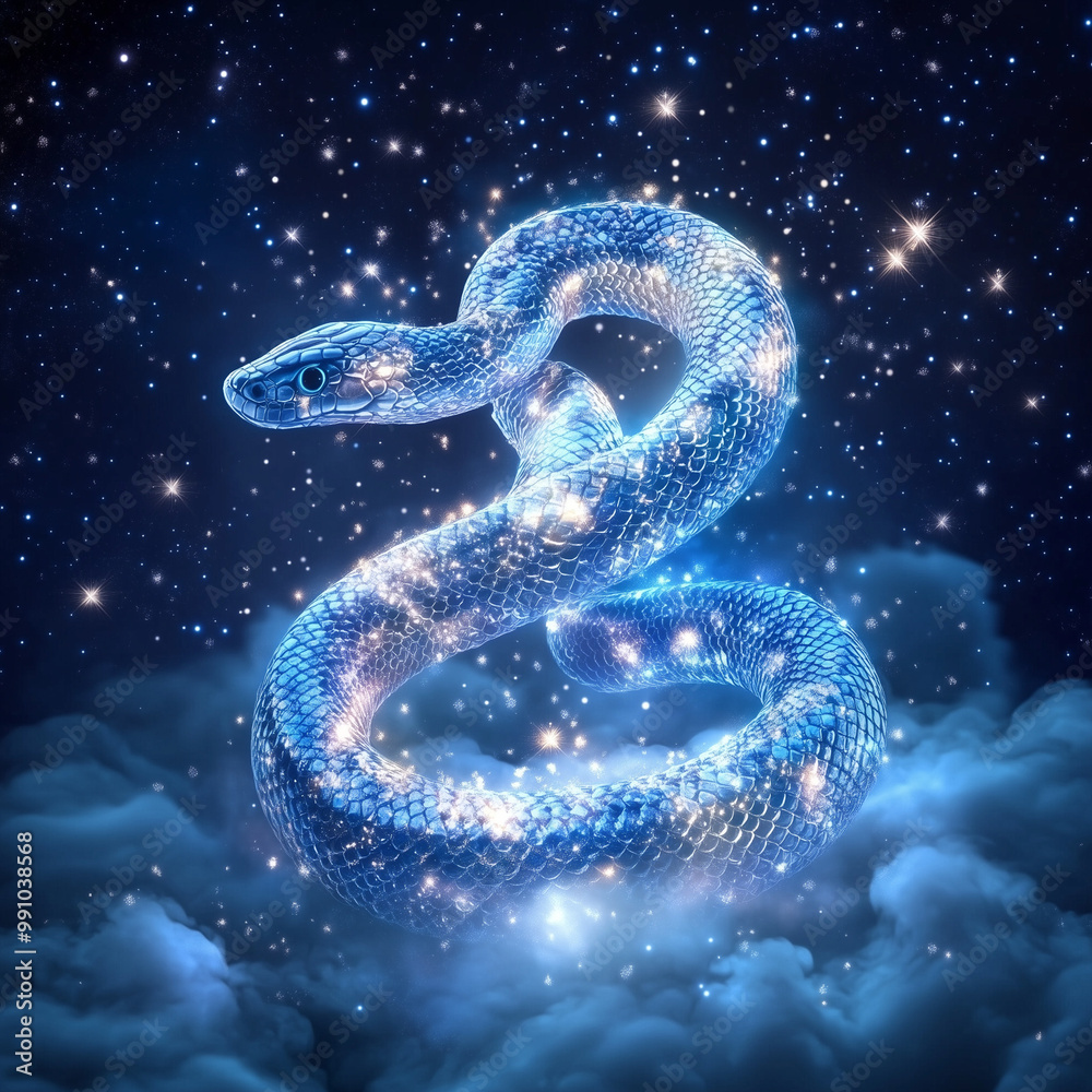 Starry Blue Snake Coiled in Glowing Night Sky, Mystical Celestial Creature Starry Blue Snake Coiled in Glowing Night Sky, Mystical Celestial Creature