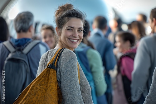 A smiling young woman turns to greet the camera while boarding a plane surrounded by fellow passengers at an airport during the lively morning travel rush