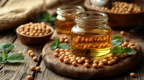 Rustic presentation of soybean oil on a wooden surface.