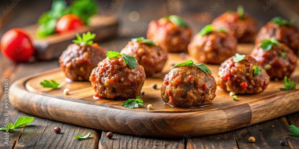 Close-up of handcrafted meatballs on a wooden board with a shallow depth of field, meatballs, homemade, uncooked, fresh, wooden Close-up of handcrafted meatballs on a wooden board with a shallow depth of field, meatballs, homemade, uncooked, fresh, wooden