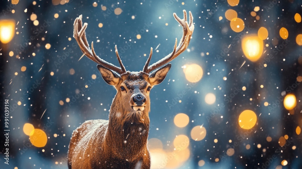 A close-up of a majestic deer with antlers covered in snow, standing in a wintery forest with a bokeh background. A close-up of a majestic deer with antlers covered in snow, standing in a wintery forest with a bokeh background.