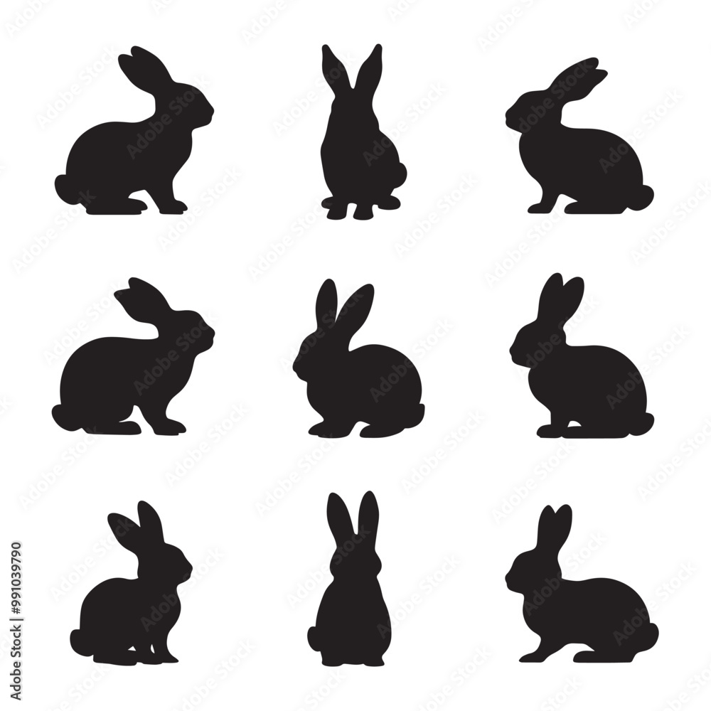 Fototapeta premium A set of nine black silhouettes of rabbits in different positions