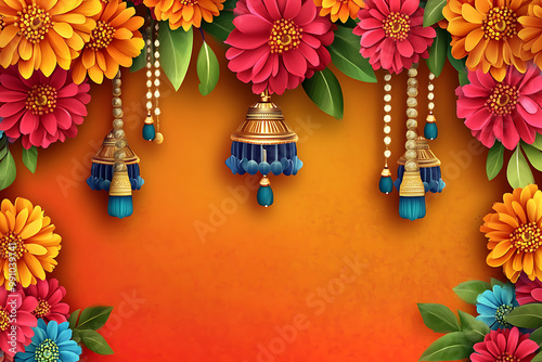 Traditional Diwali background with bright marigold flowers and decorative torans