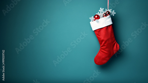 A red Christmas stocking filled with red ornaments and white snowflakes hanging against a solid teal background
