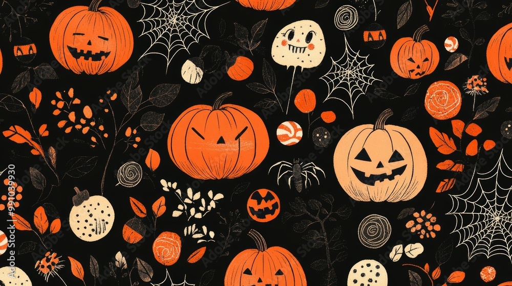 Halloween-themed pattern with orange pumpkins, spider webs, candies, and cute monsters on a dark black background for a fun, festive feel. Halloween-themed pattern with orange pumpkins, spider webs, candies, and cute monsters on a dark black background for a fun, festive feel.