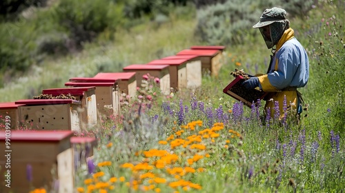 Beekeeper tending to hives amidst vibrant wildflowers in a sunny field.