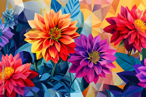 Modern background with bold dahlias and geometric patterns in colours