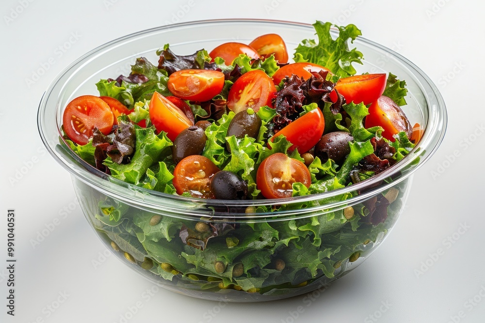 Glass bowl filled with fresh salad, cherry tomatoes, black olives, and green leafy vegetables. AI generative. . Glass bowl filled with fresh salad, cherry tomatoes, black olives, and green leafy vegetables. AI generative. .
