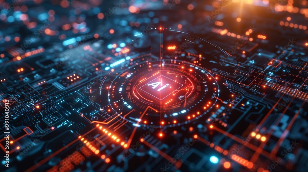 AI glowing in red on a circuit board with blue lights. AI generative. . AI glowing in red on a circuit board with blue lights. AI generative. .