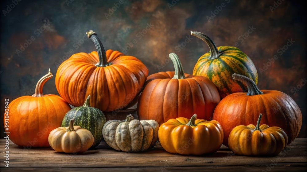 Close up of various pumpkins in a studio setting , pumpkins, autumn, harvest, seasonal, gourds, orange, decoration Close up of various pumpkins in a studio setting , pumpkins, autumn, harvest, seasonal, gourds, orange, decoration