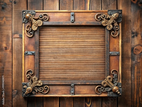 Vintage wooden letter board with ornate metal clasps and rusty hinges, adorned with distressed letters and decorative flourishes, evoking nostalgia and forgotten correspondence. photo