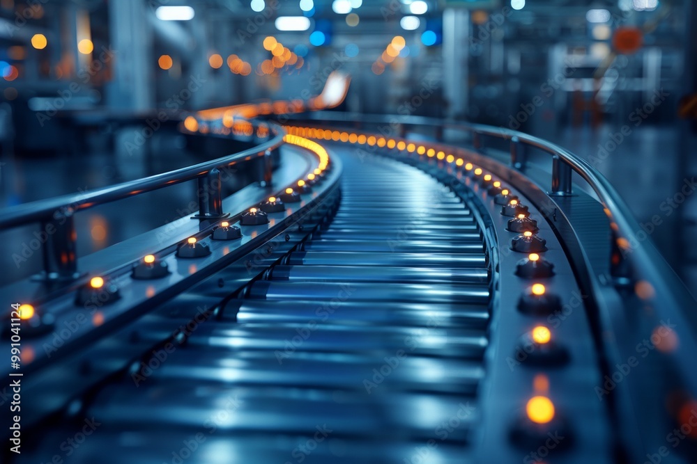 A close-up of a metallic conveyor belt with glowing lights. AI generative. . A close-up of a metallic conveyor belt with glowing lights. AI generative. .
