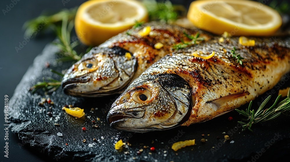 Sea bream presented with lemon slices and herbs on a black background. Sea bream presented with lemon slices and herbs on a black background.