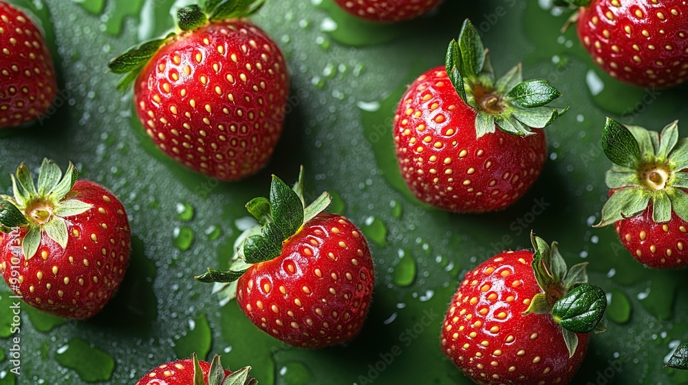 Seamless background of fresh strawberries against a vibrant green.