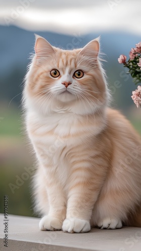 A fluffy gray Persian cat sits proudly on the edge of a weathered bridge, surrounded by a beautiful blurred autumn landscape of golden leaves and colors photo