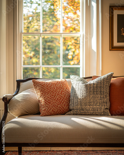 Cozy living room setting with a sunlit couch adorned with decorative pillows during autumn afternoon