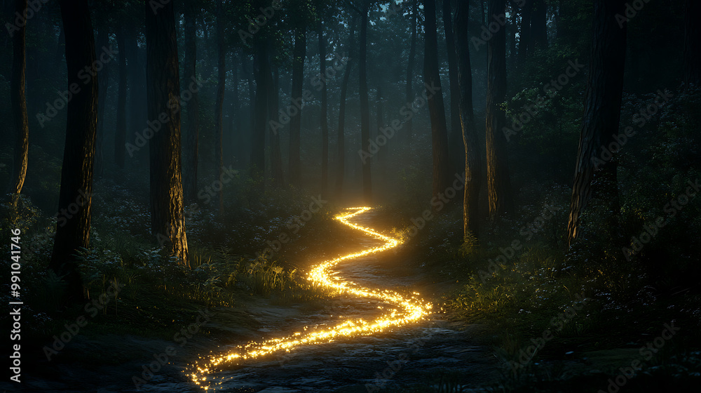 A glowing path of light weaving through a dark forest, illuminating the way forward and symbolizing guidance A glowing path of light weaving through a dark forest, illuminating the way forward and symbolizing guidance