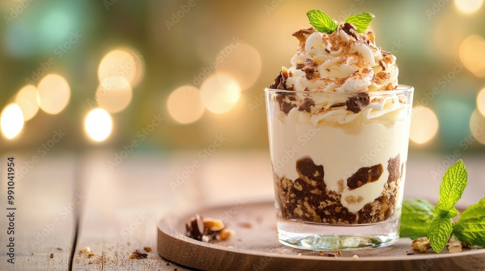 Ice cream parfait served in a glass cup, elegantly placed on a wooden table with a background of soft lighting. Ice cream parfait served in a glass cup, elegantly placed on a wooden table with a background of soft lighting.