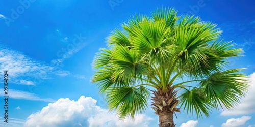 Tropical cabbage palm tree canopy with lush green fronds, nature, palm tree, tropical, foliage, greenery, growth, lush photo