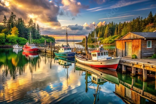 waterfront photography featuring rustic fishing boats and old boat lifts photo