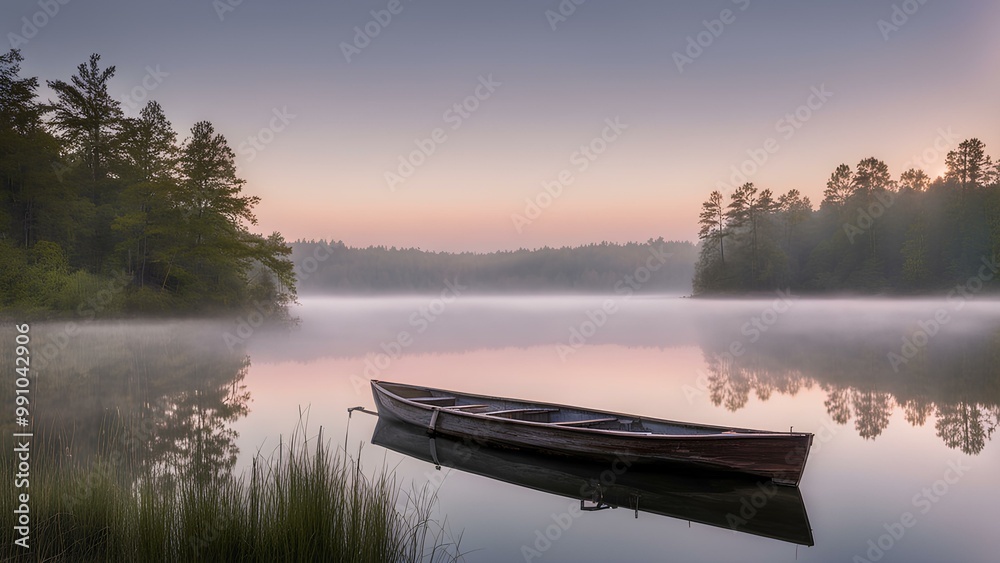 Lakeside at dawn, with calm, glassy water reflecting the soft pastel colors of the sky as the sun begins to rise Lakeside at dawn, with calm, glassy water reflecting the soft pastel colors of the sky as the sun begins to rise