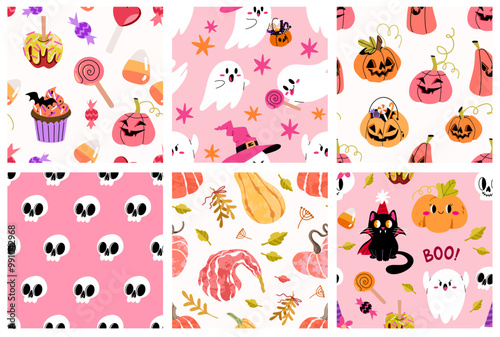 Set of 6 Vector abstract seamless cute halloween patterns. Halloween sweets, pumpkins, ghosts and skulls in a cute children's style in pink tones.