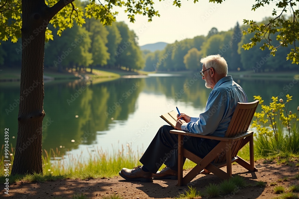Peaceful Senior Man Writing by the Tranquil Lake Peaceful Senior Man Writing by the Tranquil Lake