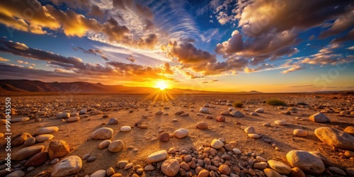 Breathtaking sunset over dry desert stones, capturing the peaceful solitude and warm glow of the setting sun, sunset, desert photo