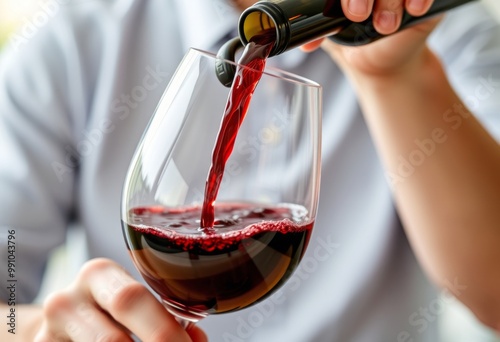 Close up of a person pouring a velvety red wine into a glass ric photo