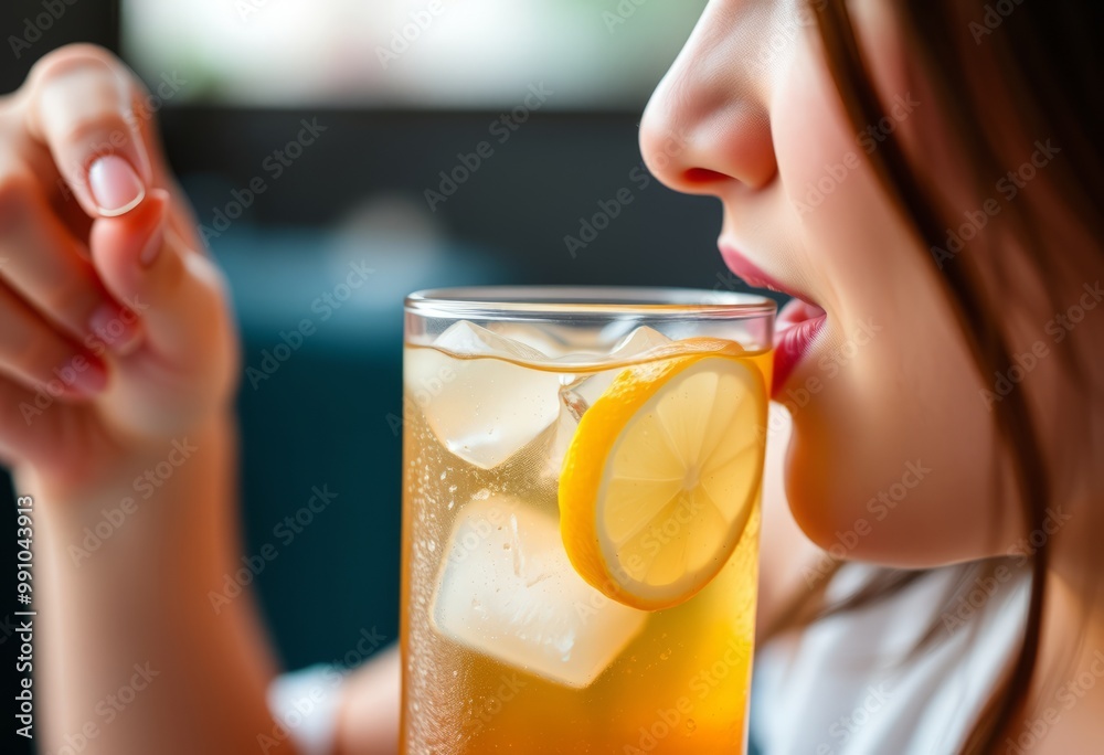 Close up of a person sipping a refreshing glass of iced tea with Close up of a person sipping a refreshing glass of iced tea with