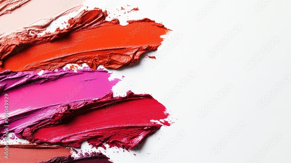 Makeup product smudges in various shades of lipstick, isolated on a white backdrop, with space for a beauty banner. Makeup product smudges in various shades of lipstick, isolated on a white backdrop, with space for a beauty banner.