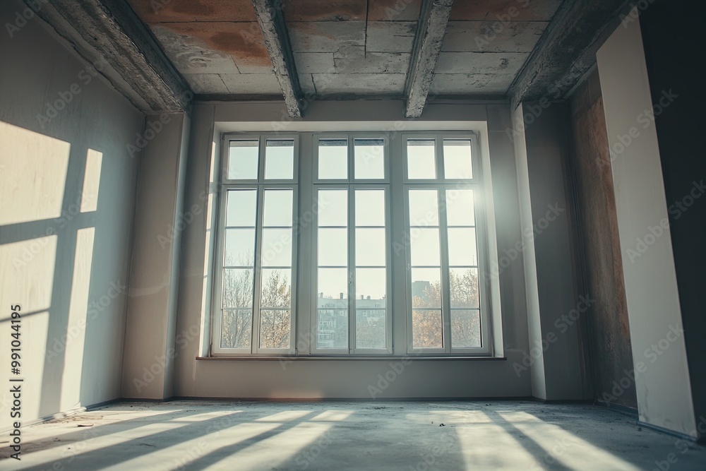 Fototapeta premium Natural Light Pouring Through Large Windows in a Minimalist Room With Unfinished Walls and Floor at Daylight
