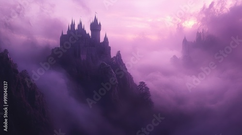 A fairytale castle perched high on a mountain peak in a misty purple landscape.