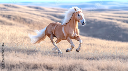 Endangered Przewalski's horse running fast through dry grasslands in wide open wilderness
