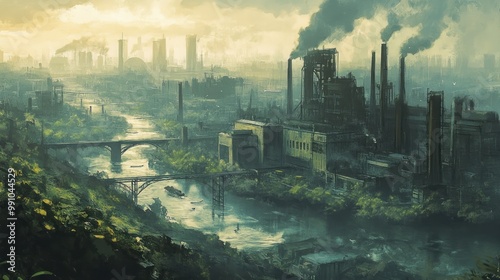 An industrial city with a river flowing through it, under a hazy, smoke-filled sky.