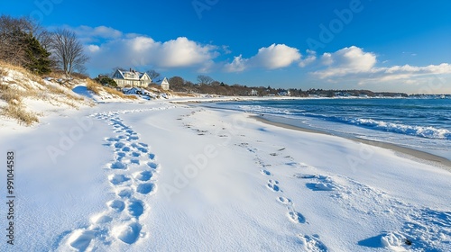 Wallpaper Mural Snowy beach scene with footprints, clear blue sky, and gentle waves. Torontodigital.ca