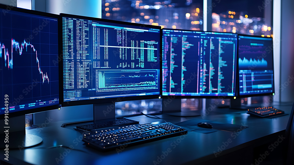 Naklejka premium Charming background with multiple computer screens showing financial data and investment analysis