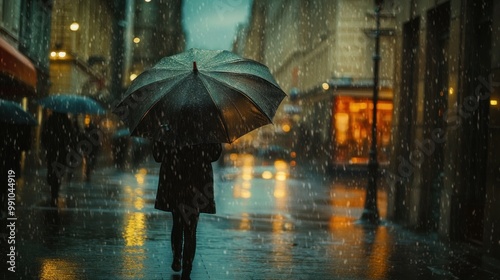 A solitary figure walks through a rainy city street, illuminated by warm streetlights, under an umbrella.